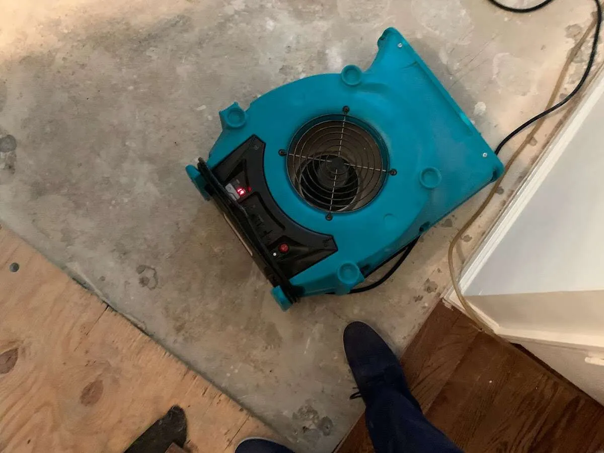 Air mover drying subfloor during Leak Detection & Repair in Wynne